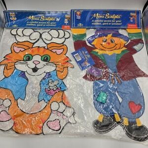 2 Vtg New Hanging Flag Mini sculpts NCE Tabby Cat Scarecrow Two Sided 12x18"